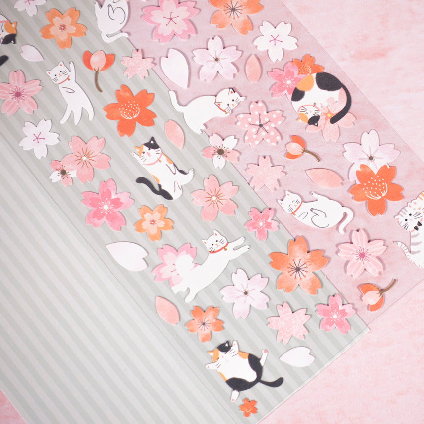 Japanese Calico Cat & Sakura/Cherry Blossom Stickers | Nekoni