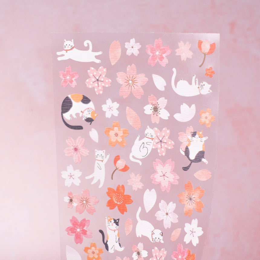 Japanese Calico Cat & Sakura/Cherry Blossom Stickers | Nekoni