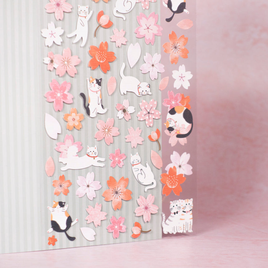 Japanese Calico Cat & Sakura/Cherry Blossom Stickers | Nekoni