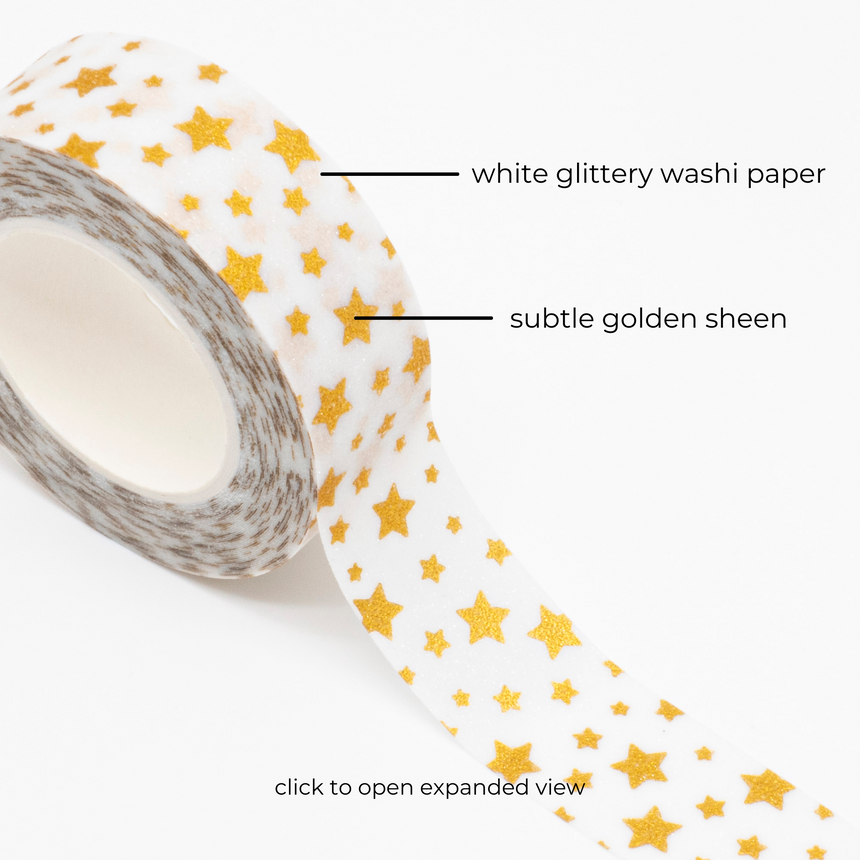 White Gold Foil Stars Glitter Washi Tape | 15mm x 5m