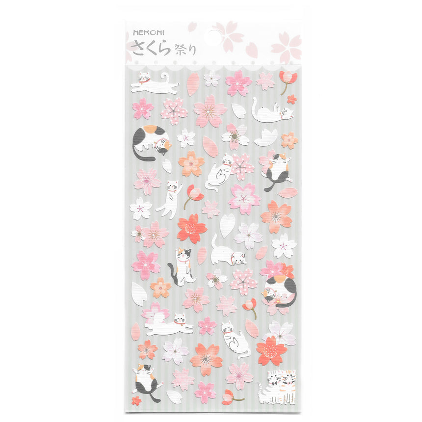Japanese Calico Cat & Sakura/Cherry Blossom Stickers | Nekoni
