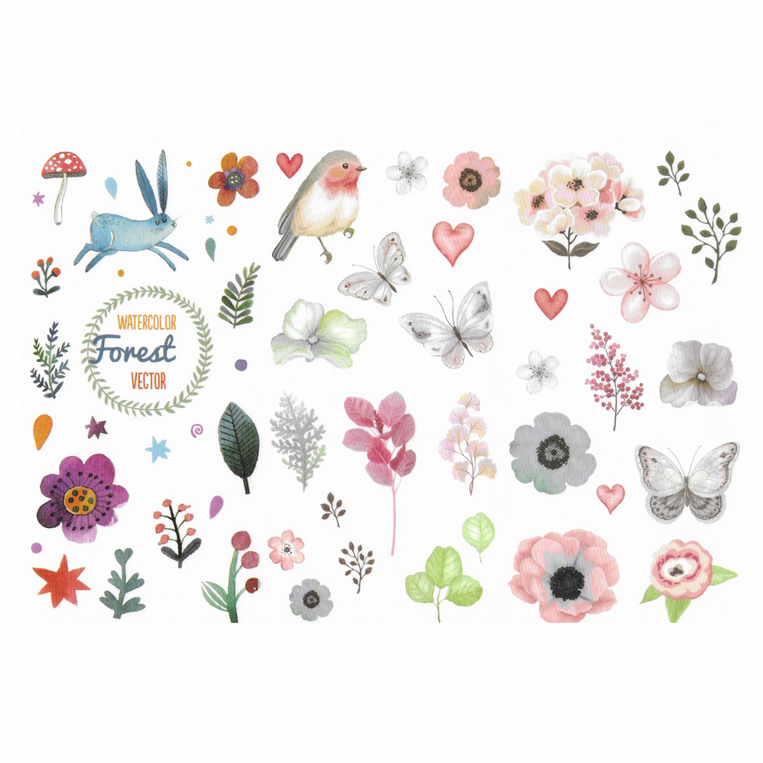 watercolour stickers with birds, rabbits, flowers, leaves, dots, starts, hearts - The Delightful Extras