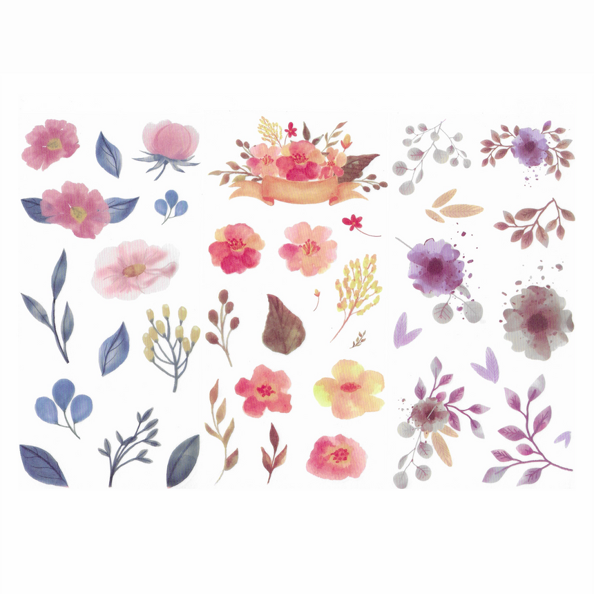 Watercolour stickers with red, pink and purple flowers, blue and green leaves - The Delightful Extras